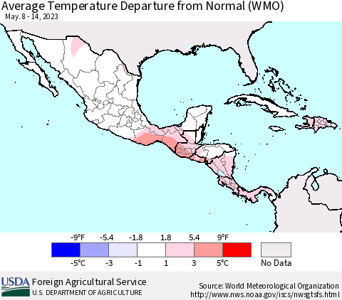 Mexico Central America and the Caribbean Average Temperature Departure from Normal (WMO) Thematic Map For 5/8/2023 - 5/14/2023