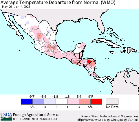 Mexico Central America and the Caribbean Average Temperature Departure from Normal (WMO) Thematic Map For 5/29/2023 - 6/4/2023