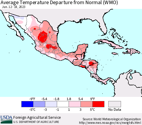 Mexico Central America and the Caribbean Average Temperature Departure from Normal (WMO) Thematic Map For 6/12/2023 - 6/18/2023