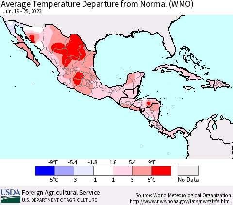 Mexico Central America and the Caribbean Average Temperature Departure from Normal (WMO) Thematic Map For 6/19/2023 - 6/25/2023