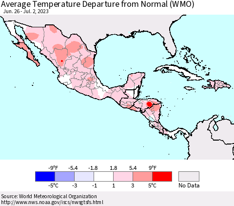 Mexico Central America and the Caribbean Average Temperature Departure from Normal (WMO) Thematic Map For 6/26/2023 - 7/2/2023