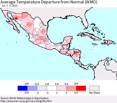 Mexico Central America and the Caribbean Average Temperature Departure from Normal (WMO) Thematic Map For 7/3/2023 - 7/9/2023