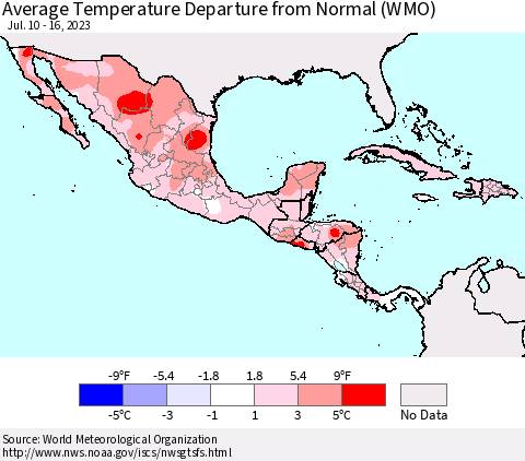 Mexico Central America and the Caribbean Average Temperature Departure from Normal (WMO) Thematic Map For 7/10/2023 - 7/16/2023