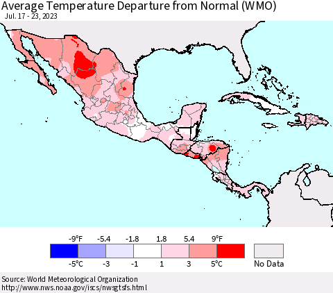 Mexico Central America and the Caribbean Average Temperature Departure from Normal (WMO) Thematic Map For 7/17/2023 - 7/23/2023