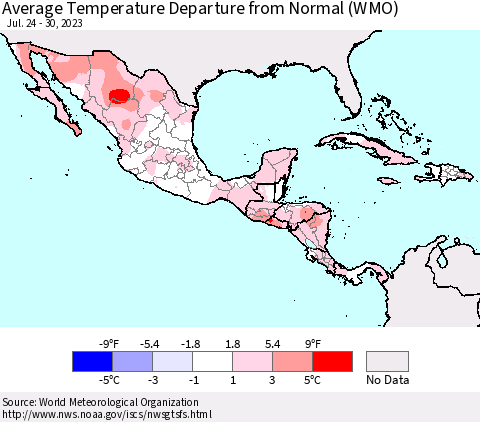 Mexico Central America and the Caribbean Average Temperature Departure from Normal (WMO) Thematic Map For 7/24/2023 - 7/30/2023