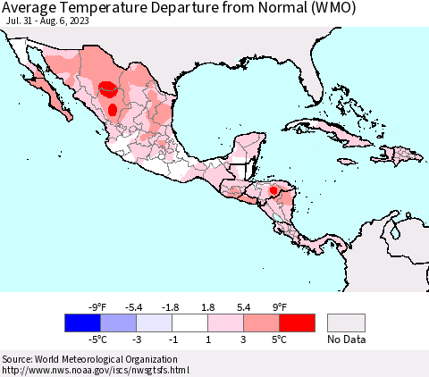Mexico Central America and the Caribbean Average Temperature Departure from Normal (WMO) Thematic Map For 7/31/2023 - 8/6/2023