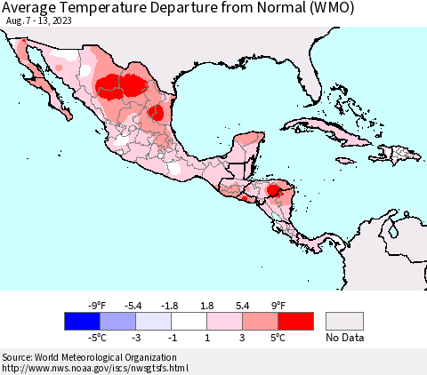 Mexico Central America and the Caribbean Average Temperature Departure from Normal (WMO) Thematic Map For 8/7/2023 - 8/13/2023