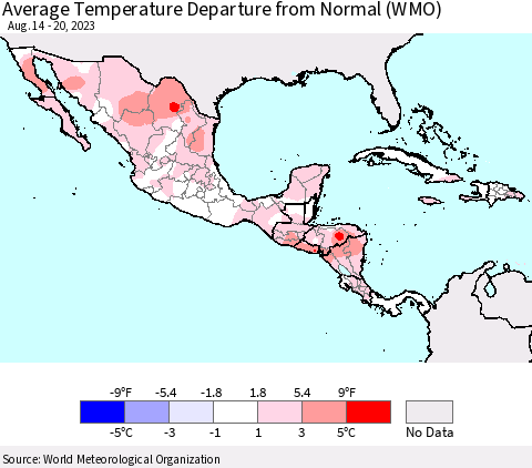 Mexico Central America and the Caribbean Average Temperature Departure from Normal (WMO) Thematic Map For 8/14/2023 - 8/20/2023