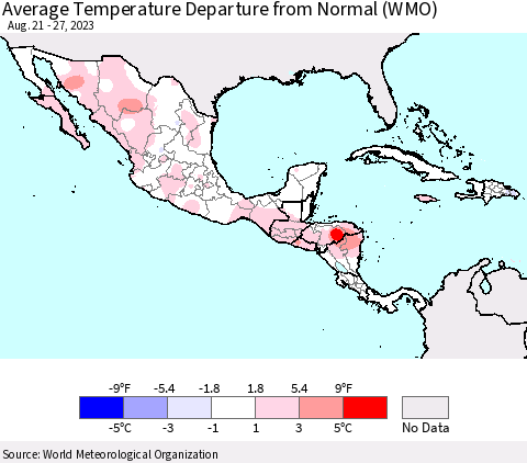 Mexico Central America and the Caribbean Average Temperature Departure from Normal (WMO) Thematic Map For 8/21/2023 - 8/27/2023