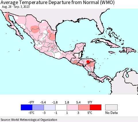 Mexico Central America and the Caribbean Average Temperature Departure from Normal (WMO) Thematic Map For 8/28/2023 - 9/3/2023