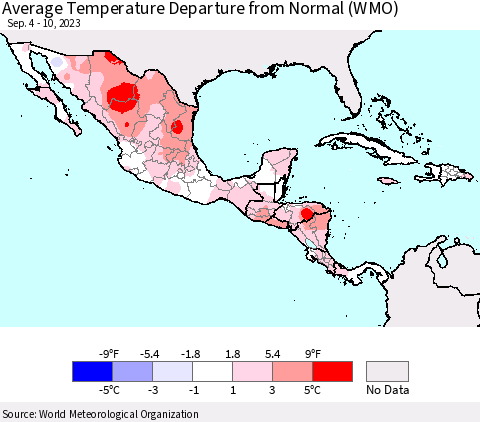 Mexico Central America and the Caribbean Average Temperature Departure from Normal (WMO) Thematic Map For 9/4/2023 - 9/10/2023