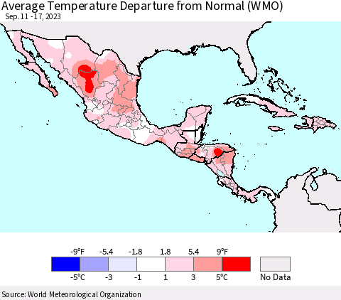Mexico Central America and the Caribbean Average Temperature Departure from Normal (WMO) Thematic Map For 9/11/2023 - 9/17/2023