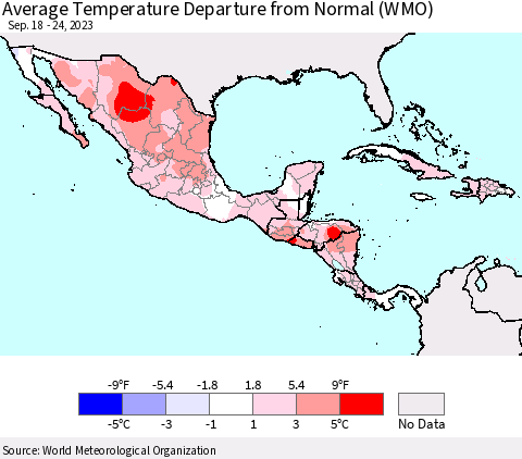 Mexico Central America and the Caribbean Average Temperature Departure from Normal (WMO) Thematic Map For 9/18/2023 - 9/24/2023