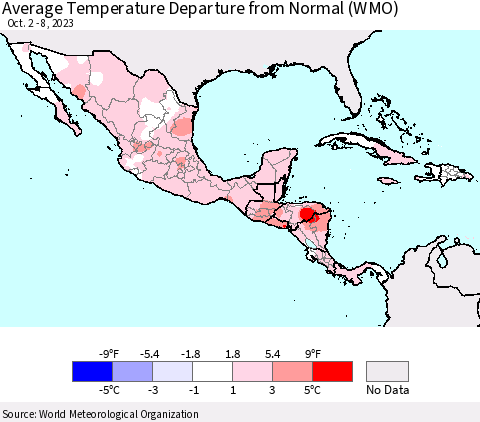 Mexico Central America and the Caribbean Average Temperature Departure from Normal (WMO) Thematic Map For 10/2/2023 - 10/8/2023