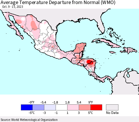 Mexico Central America and the Caribbean Average Temperature Departure from Normal (WMO) Thematic Map For 10/9/2023 - 10/15/2023