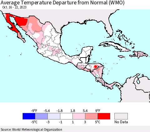 Mexico Central America and the Caribbean Average Temperature Departure from Normal (WMO) Thematic Map For 10/16/2023 - 10/22/2023