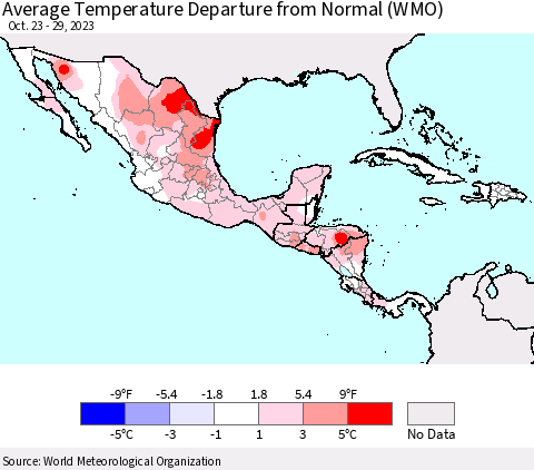 Mexico Central America and the Caribbean Average Temperature Departure from Normal (WMO) Thematic Map For 10/23/2023 - 10/29/2023