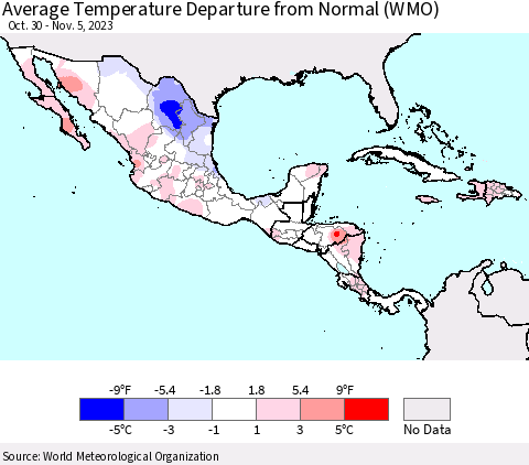 Mexico Central America and the Caribbean Average Temperature Departure from Normal (WMO) Thematic Map For 10/30/2023 - 11/5/2023