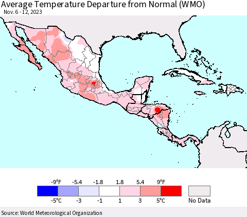 Mexico Central America and the Caribbean Average Temperature Departure from Normal (WMO) Thematic Map For 11/6/2023 - 11/12/2023