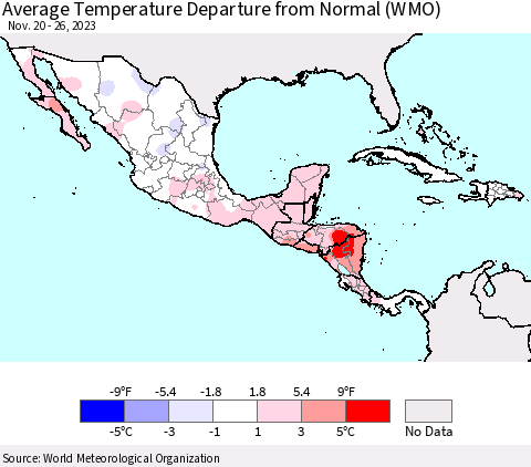 Mexico Central America and the Caribbean Average Temperature Departure from Normal (WMO) Thematic Map For 11/20/2023 - 11/26/2023
