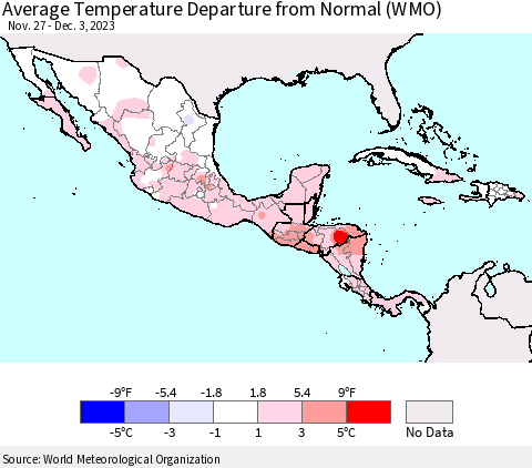 Mexico Central America and the Caribbean Average Temperature Departure from Normal (WMO) Thematic Map For 11/27/2023 - 12/3/2023