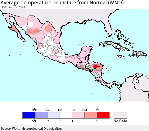Mexico Central America and the Caribbean Average Temperature Departure from Normal (WMO) Thematic Map For 12/4/2023 - 12/10/2023