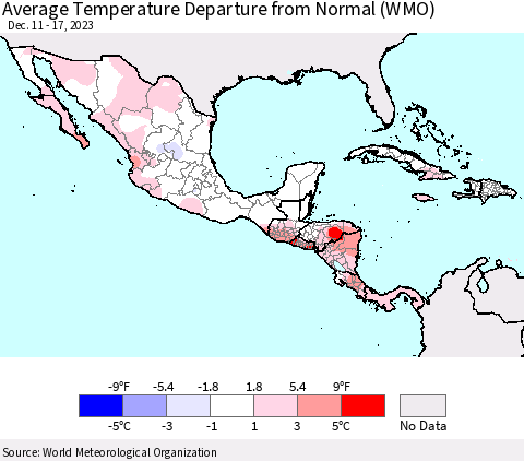 Mexico Central America and the Caribbean Average Temperature Departure from Normal (WMO) Thematic Map For 12/11/2023 - 12/17/2023