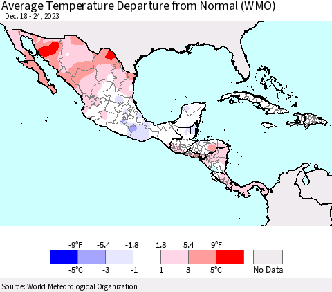 Mexico Central America and the Caribbean Average Temperature Departure from Normal (WMO) Thematic Map For 12/18/2023 - 12/24/2023