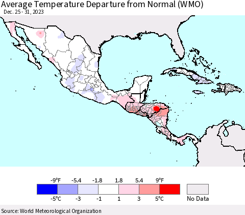 Mexico Central America and the Caribbean Average Temperature Departure from Normal (WMO) Thematic Map For 12/25/2023 - 12/31/2023