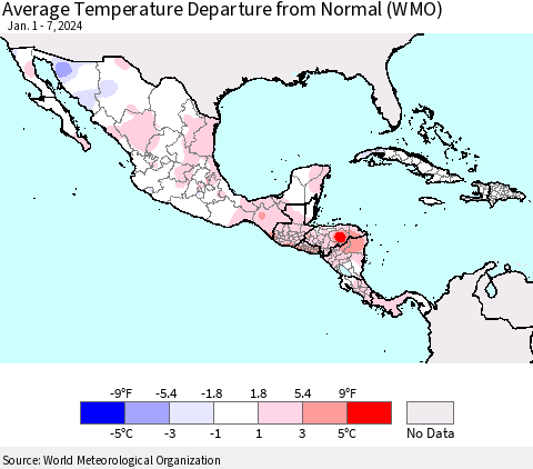 Mexico Central America and the Caribbean Average Temperature Departure from Normal (WMO) Thematic Map For 1/1/2024 - 1/7/2024