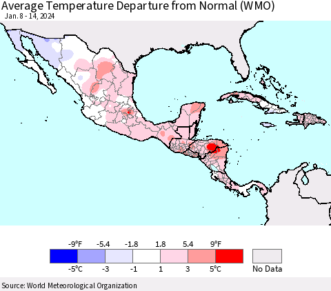 Mexico Central America and the Caribbean Average Temperature Departure from Normal (WMO) Thematic Map For 1/8/2024 - 1/14/2024