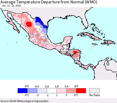 Mexico Central America and the Caribbean Average Temperature Departure from Normal (WMO) Thematic Map For 1/15/2024 - 1/21/2024