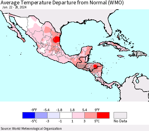 Mexico Central America and the Caribbean Average Temperature Departure from Normal (WMO) Thematic Map For 1/22/2024 - 1/28/2024