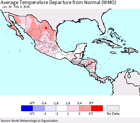 Mexico Central America and the Caribbean Average Temperature Departure from Normal (WMO) Thematic Map For 1/29/2024 - 2/4/2024