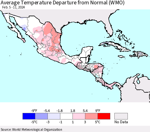 Mexico Central America and the Caribbean Average Temperature Departure from Normal (WMO) Thematic Map For 2/5/2024 - 2/11/2024