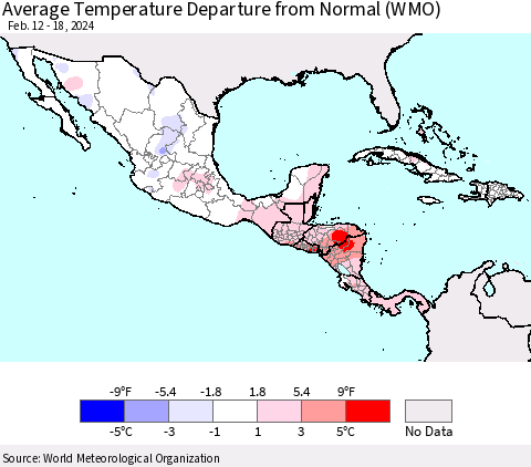 Mexico Central America and the Caribbean Average Temperature Departure from Normal (WMO) Thematic Map For 2/12/2024 - 2/18/2024