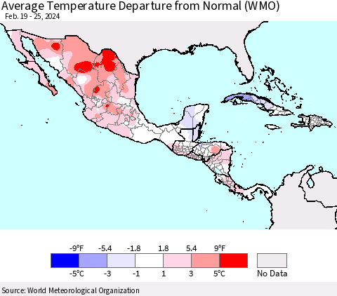 Mexico Central America and the Caribbean Average Temperature Departure from Normal (WMO) Thematic Map For 2/19/2024 - 2/25/2024
