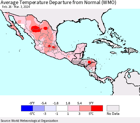 Mexico Central America and the Caribbean Average Temperature Departure from Normal (WMO) Thematic Map For 2/26/2024 - 3/3/2024