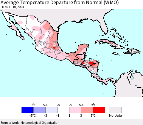Mexico Central America and the Caribbean Average Temperature Departure from Normal (WMO) Thematic Map For 3/4/2024 - 3/10/2024