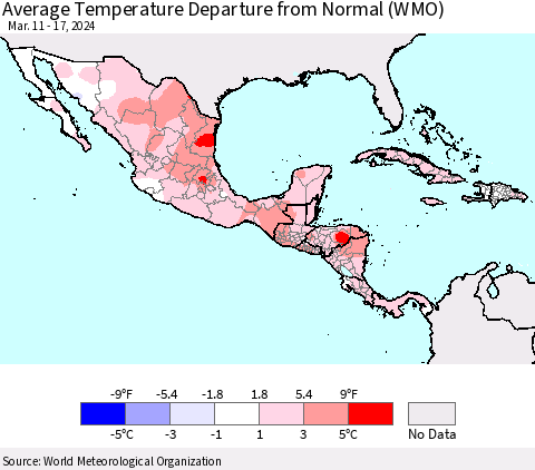 Mexico Central America and the Caribbean Average Temperature Departure from Normal (WMO) Thematic Map For 3/11/2024 - 3/17/2024