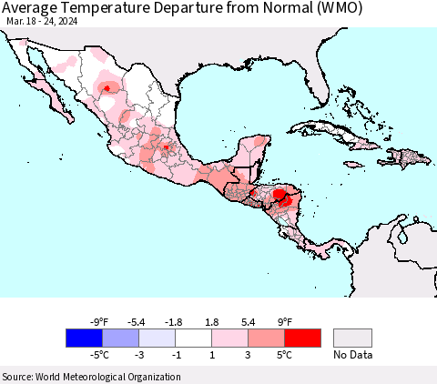 Mexico Central America and the Caribbean Average Temperature Departure from Normal (WMO) Thematic Map For 3/18/2024 - 3/24/2024
