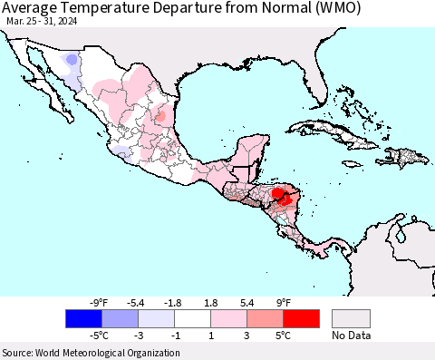 Mexico Central America and the Caribbean Average Temperature Departure from Normal (WMO) Thematic Map For 3/25/2024 - 3/31/2024
