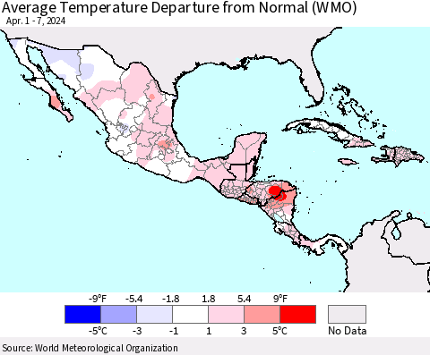 Mexico Central America and the Caribbean Average Temperature Departure from Normal (WMO) Thematic Map For 4/1/2024 - 4/7/2024