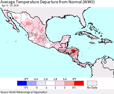 Mexico Central America and the Caribbean Average Temperature Departure from Normal (WMO) Thematic Map For 4/8/2024 - 4/14/2024
