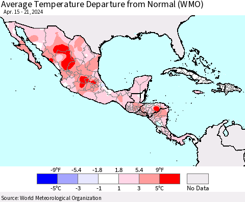 Mexico Central America and the Caribbean Average Temperature Departure from Normal (WMO) Thematic Map For 4/15/2024 - 4/21/2024