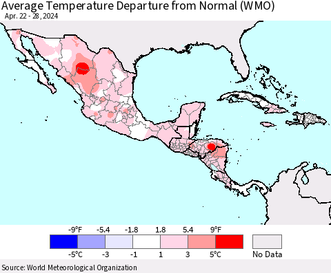 Mexico Central America and the Caribbean Average Temperature Departure from Normal (WMO) Thematic Map For 4/22/2024 - 4/28/2024