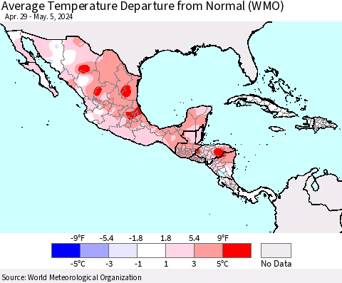 Mexico Central America and the Caribbean Average Temperature Departure from Normal (WMO) Thematic Map For 4/29/2024 - 5/5/2024