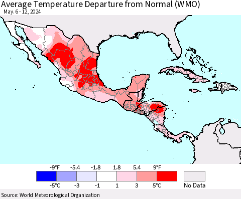 Mexico Central America and the Caribbean Average Temperature Departure from Normal (WMO) Thematic Map For 5/6/2024 - 5/12/2024