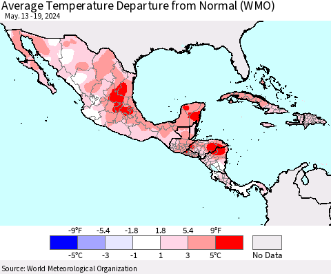 Mexico Central America and the Caribbean Average Temperature Departure from Normal (WMO) Thematic Map For 5/13/2024 - 5/19/2024