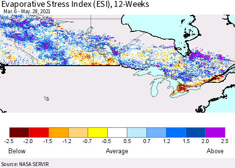 Canada Evaporative Stress Index (ESI), 12-Weeks Thematic Map For 5/24/2021 - 5/30/2021